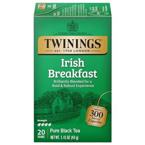 Image of Twinings Irish Breakfast Black Tea Individually Wrapped Bags, 20 Count (Pack of 1), Flavourful, Bold, and Robust, Caffeinated, Enjoy Hot or Iced, 20 Teabags
