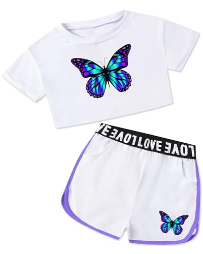 Image of Betusline Girls Summer 2 Piece Outfits,Kids Short Sleeve Crop Top & Shorts Set with Side Pockets