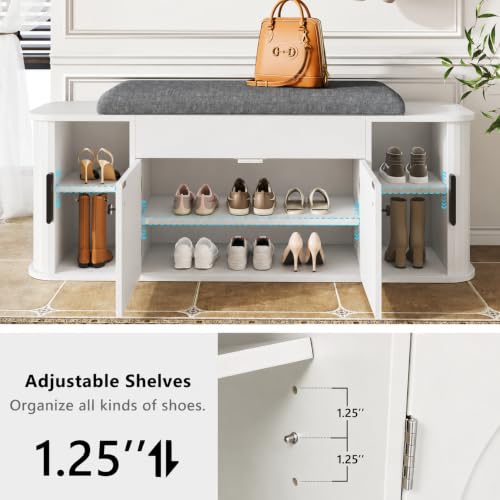Image of Einhomn 47.2 inch Shoe Storage Bench with Cushion, Sliding Door Entryway Bench with Lift-Top Hidden Storage and Adjustable Shelf, Wooden Shoe Cabinet for Hallway, Bench for Bedroom End of Bed, White