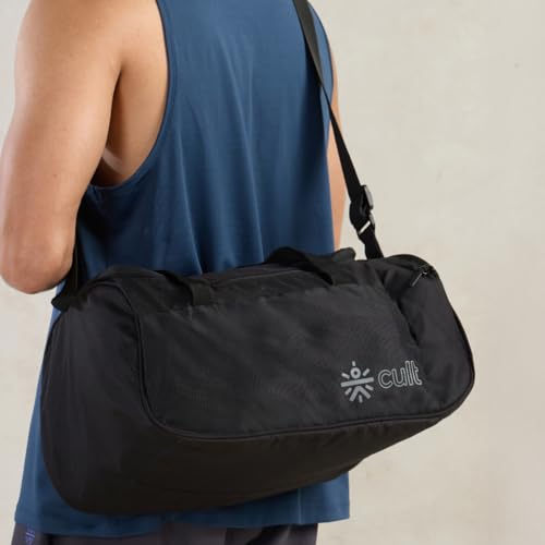 Image of Cult 25 Litre Gym /Duffle Bag for Men & Women - Water-Resistant Sports & Travel Bag with Spacious Main Compartment, Side Mesh Pocket, Durable Zippers & Adjustable Shoulder Strap - Black