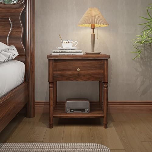 Image of Chogori Solid Wood Nightstands with Drawer, Farmhouse End Table Sofa Side Table with Storage Shelves, Real Wood Beside Table Accent Table for Small Spaces, Living Room, Easy Assembly (Walnut 1PC)