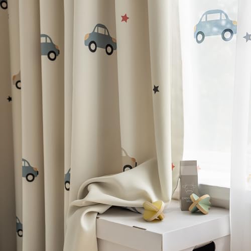 Cartoon Car Printed Blackout Curtains for Kids Room Nursery Privacy Room Darkening Drapes for Childrens Bedroom Living Room Grommet Top Thermal Insulated Window Treatment 1 Panel W52 x L84 Inch