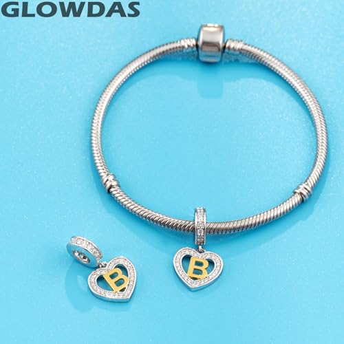 Image of GLOWDAS 18K Gold Plated Letter Charms Initial A to Z Necklace Pendant, 925 Sterling Silver CZ Heart Dangle Alphabet Beads fit European DIY Bracelet, Gifts for Valentiens /Christmas /Family