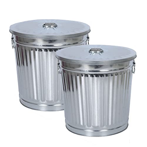 Jinfa | 2 Jeux Poubelle en métal galvanisé avec poignées et couvercle | Zinc | Diamètre Ø 29 cm - Hauteur 31,5 cm | Capacité: 18 litres
