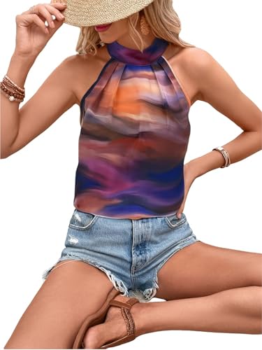 Image of RoseSeek Women's Tropical Paisley Halter Blouse Boho Shirt Vacation Tops