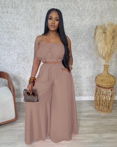 Image of Two Piece Sets for Women Summer Outfits Crop Tops and Wide Leg Pants Sets Sexy Jumpsuits Vacation Outfits with Pockets