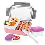 MUJUZE Brotdose mit fächern,1500ML - Lunchbox Erwachsene/Kinder, jausenbox mit Besteck & Kleine Dosen,Nachhaltig Brotzeitbox mit unterteilung,Bento Box für Schule/Arbeit/Picknick Reisen (Pink)