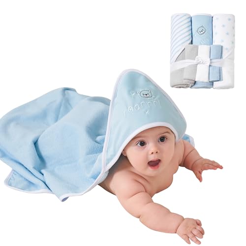 Image of Viviland Baby Towels and Baby Wash Cloths Set Hooded Baby Towels Baby Wipes Absorbent Bath Face Towels Burp Cloths or Face Towels for Girl Boy 6-Pack Size 28 x 28 Inch(Lion)