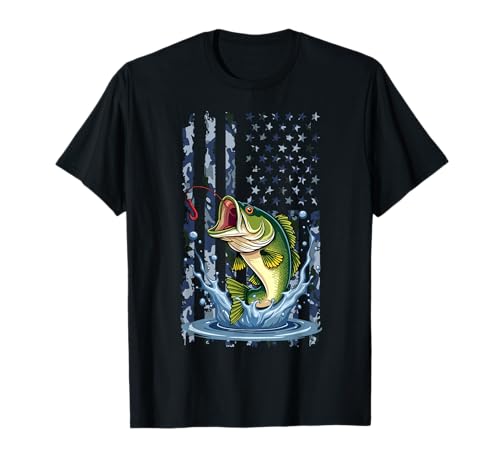 Bandera americana de EE. UU. Camo Bass Fish Fishing Camouflage Fisherman Camiseta