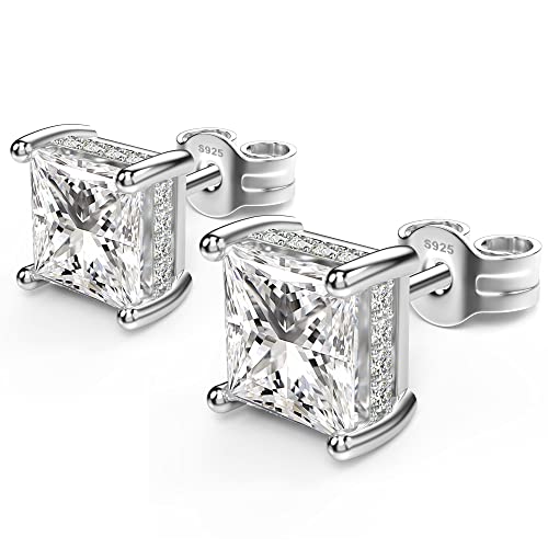 18K White Gold Plated Sterling Silver Princess Cut Cubic Zirconia Stud Earrings Square Simulated Diamond CZ Stud Earrings for Women Men Hypoallergenic2
