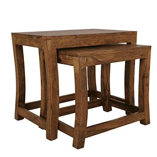 Image of Sheesham Wood Bedside Table | Nesting Table Stools for Home and Office Decor (Finish Color- Brown) -Set of 2