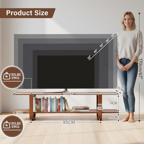 Image of Tiita Walnut TV Stand for 65-Inch TVs, 2 Open Shelves, Modern Media Console | Bamboo Construction, Mid Century Style, Open Storage for Electronics and Decor in Living Rooms and Bedrooms
