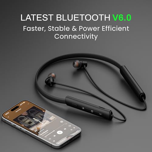 Image of HAMMER Splendor 2 Wireless Neckband Bluetooth v6.0 with 50H Playtime, ENC, 10mm Drivers, Type-C Fast Charging, 55ms Low Latency, Lightweight Earphones (Black)