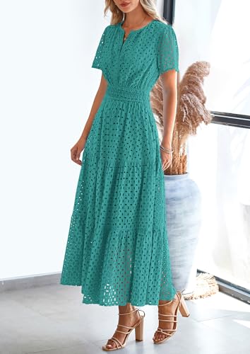 PRETTYGARDEN Womens 2026 Summer Maxi Dress Short Sleeve V Neck Hollow Out Eyelet A Line Long Flowy Beach Vacation Dresses (Blue Green,Large) — view 3