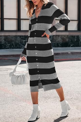 PRETTYGARDEN Women's Fall Sweater Dresses 2025 Long Sleeve V Neck Button Ribbed Knit Stripes Bodycon Midi Winter Dress3