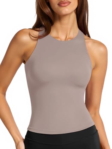 Image of LASLULU Womens High Neck Workout Tank Tops with Built in Bra Strappy Back | Low to Medium Impact,Longline Halter Neck Sports Bra,Fitted Compression,Padded Athletic Yoga Running Gym Pilates Tank Tops