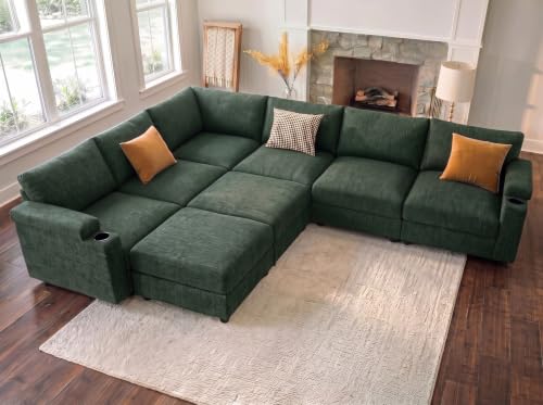 Image of Oversized Sectional Couches for Living Room Cloud Couch Chenille Sofa | Chaise Detachable Armrest Cushion FSC Certified U Shaped Convertible Modular Sleeper Sofa (Chenille Green, L Shape 8 Seat)