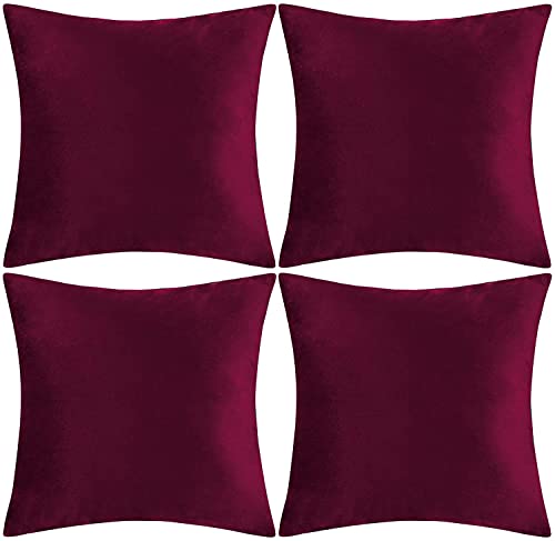 SWISSPACK Lot de 4 housses de coussin carrées décoratives en velours doux pour salon, canapé, chambre à coucher avec fermeture éclair invisible. Grande taille 50,8 x 50,8 cm (vin) Cover
