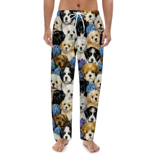 DOINBEE Dog Pajama Pants for Women Men Cute Dog Puppy And Blue Flower Floral Print Drawstring Lounge Pants with Pockets Soft Comfy Casual Home Pjs Bottoms Novelty Sleepwear - All Season L