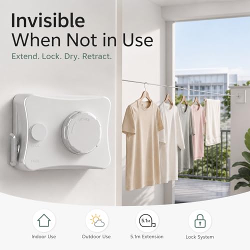Image of Retractable Clothesline for Balcony Indoor Outdoor | 5.1m Adjustable Single Line Laundry Drying Rope with Tighten & Lock System, Self Adhesive or Screw Mount (Single Line Telescopic White)