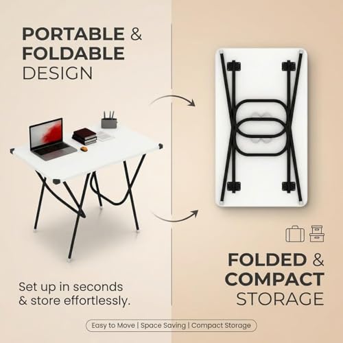 Image of Mighty Home Multipurpose Foldable Study Table | Laptop Desk for Home & Office | 2-Seater Dining Table | Portable Design | Safe Corner Protection | Engineered Wood Top & Metal Frame | Pearl White