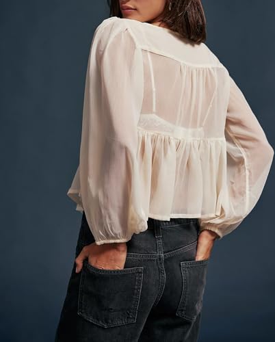 Image of Sexy Ruffle Shirt Flowy Lace Long Sleeve Front Tie Chiffon Top Boho Embroidered Peasant Blouse Summer Bow Tie Front Peplum Tops for Women