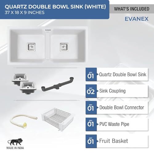 Image of EVANEX Quartz Sink for Kitchen | Double Bowl | Topmount /Undermount Kitchen Sinks | White Double Sink with Connector, Waste Pipe, Coupling and Drain Basket | 37x18x9 Granite Kitchen Sinks