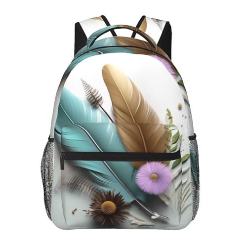 Sac à dos ordinateur portable plumes fleurs léger - Sac de voyage travail affaires décontracté