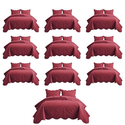 MOONLIGHT20015 Twin Floral Quilt Set Burgundy Bulk 10 Pack Bedspread