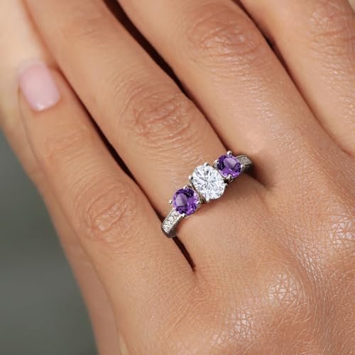 Gem Stone King 1.97 Cttw 925 Sterling Silver Purple Amethyst and Moissanite 3-Stone Engagement Ring For Women | 3 Stone Wedding Anniversary Promise Ring For Women | Size 5,6,7,8,94