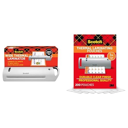 Image of Bundle of Scotch Thermal Laminator, Extra Wide 13 Inch Input (TL1302X) + Scotch Thermal Laminating Pouches, 200 Count, Clear, 3 mil., Fits Letter Sized Paper (8.9 in. x 11.4 in.)