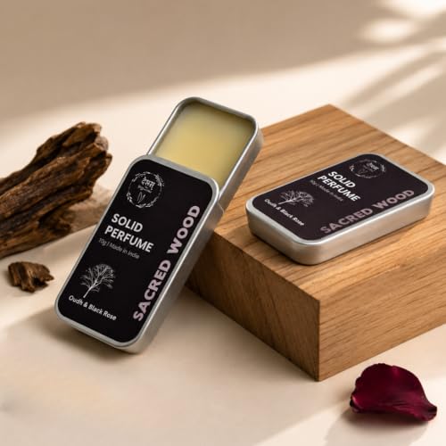 Image of Sacred Wood Solid Perfume | Alcohol Free Skin Safe Fragrance Balm | Beeswax Butter & Jojoba Oil | Men & Women | Pocket Travel Friendly | 10g | Sacred Wood | 1 Unit