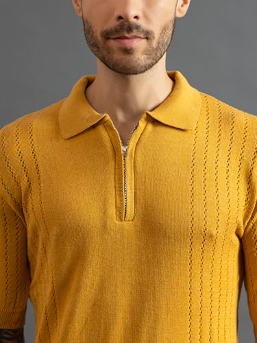 Image of CHKOKKO Men's Knitted Textured Pure Cotton Polo Neck T Shirt for Men | Stylish Soft Summer Wear Half Sleeves Solid Color | Casual Regular Fit Ribbed Cuff & Hem