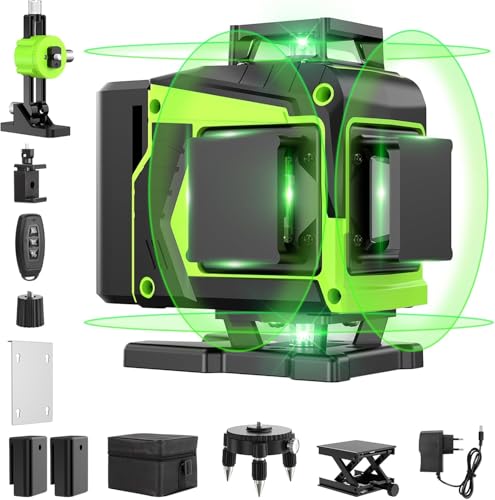 Niveau Laser Chantier Autonivelant 360° x 4, Laser Niveaux 4D 16 Lignes Laser, Autonivellement et Mode Pulsé Extérieur, 2 x Batterie, Nivellement Automatique, Support Rotatif, Télécommande