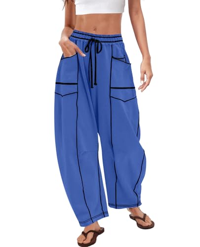 CHANGEOWN Barrel Pants for Women, Wide Leg Baggy Sweatpants Drawstring High Waisted Lounge Trousers with Pockets, Relaxed Fit Casual Pants, Klein Blue, XS
