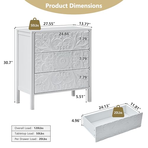 White-3-Drawer-Dresser-Wide-Chest-of-Drawers-with-Storage-Accent-Nightstand-Cabinet-Luxury-Carving-Dresser-for-Bedroom-Hallway-Living-Room-Entryway-Office-1-White White 3 Drawer Dresser Wide Chest of Drawers with Storage Accent Nightstand Cabinet Luxury Carving Dresser for Bedroom Hallway Living Room Entryway Office 1 White