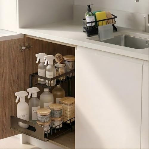 Nu.mia Tr3ce Organizador Bajo Fregadero 2 Niveles + Organizador Compacto Multiusos para Encimera o Pared – Pack de Almacenaje Estable para Cocina, Baño, Despensa u Oficina – Estructura Metálica