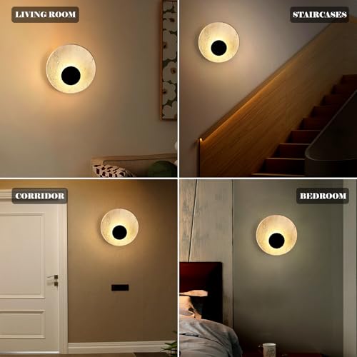 Image of Round Wall Sconce, Natural Marble Hardwired Circular Sconce Modern Sconces Wall Lighting Vanity Light Fixtures for Bedroom, Stairs, Living Room, Bedside(Roman Travertine)