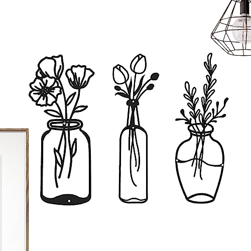 Decorhome Jarrón de hierro forjado decoración de pared, silueta adorno de metal, arte de pared - 3 piezas flores en jarrón, decoración de pared negra para jardín, cocina, salón, dormitorio, cafetería