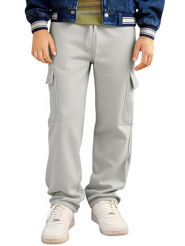 Haloumoning Boys Fleece Cargo Sweatpants Kids Athletic Wide Leg Joggers with Open Bottom and Drawstring & Pockets