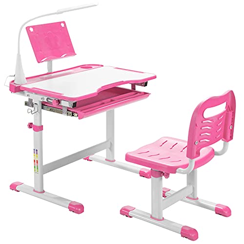 LIFEZEAL Scrivania per bambini, regolabile in altezza, scrivania per giovani con sedia, scrivania per studenti con cassetto, leggio e lampada da tavolo, per leggere, scrivere e dipingere (rosa)