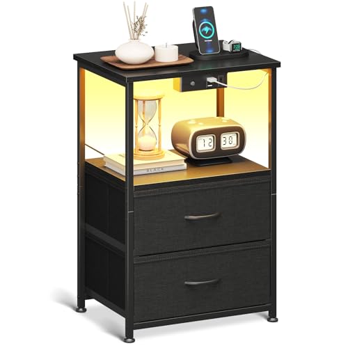 Coleshome Mesitas de Noche, con Enchufe, 2 Puertos USB y Tira de Luces LED, Mesita de Noche con 2 Cajones de Tela y 1 Espacio de Almacenamiento, 40 x 30 x 60 cm, 1 Paquete, Negro