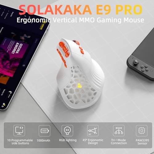 Image of SOLAKAKA E9 PRO Vertical MMO Gaming Mouse - Ergonomic Wireless Mouse with 10 Side Buttons,PAW3395 36000 DPI Sensor,45Grip,Tri-Mode 2.4G /BT /Wired, RGB,1000mAh Rechargeable Mouse for PC /Mac - White