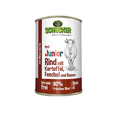 Schecker Nassfutter - Hundemenü Junior Rind mit Kartoffel, Fenchel und Banane - 12 x 200 g - Welpenfutter - 80% frisches Rind