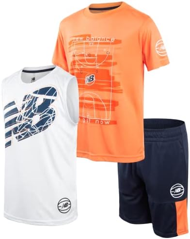 New Balance Boys' Active Shorts Set - 3 Piece Tank Top, T-Shirt, and Shorts (Size: 4-12), Size 12, Orange Blue