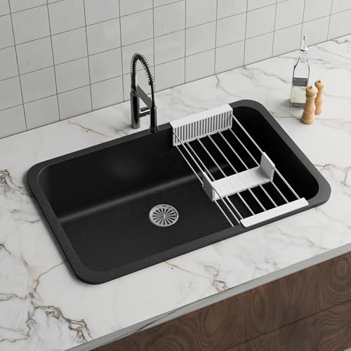 Image of REMOTION Granite Quartz Singke Bowl Kitchen SInk | Matte Finish Kitchen Sink With Drain Board and Drainer Basket | Modern Sink for Kitchen (31 x 19 x 9 Inch) (Black)