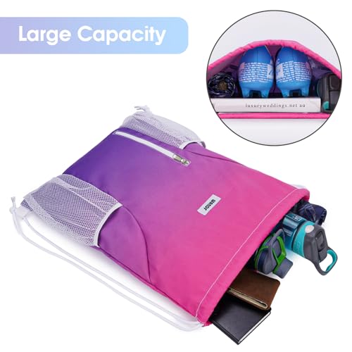 Image of WANDF Drawstring Backpack Sports Gym Sackpack with Mesh Pockets Water Resistant String Bag for Women Men (Rose Red)