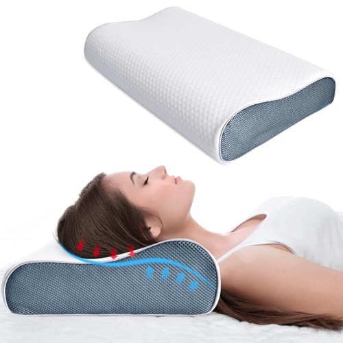 KTMOUW Memory Foam Pillow Upgrade Ergonomic Orthopedic Back and Side Sleeper Pillow Cervical Hypoallergenic Pillow Neck Support Pillow Grey Blue