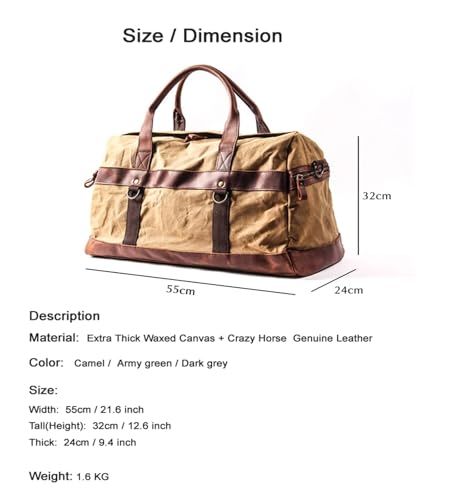 Travel Bags WaterProof Canvas Leather Men Travel Bag Hand Luggage Bag Carry On Large Tote Vintage Men Weekend Bag Big Overnight(Deep Green)3