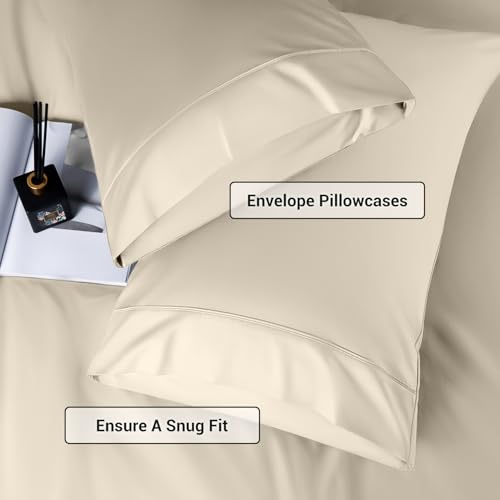 Image of Shilucheng 4 Piece King Sheet Sets, Cooling Sheets, Blend Rayon Derived from Bamboo, Deep Pocket Up to 16 inch, Breathable & Soft Bed Sheets, Hotel Silky Bedding Set, Sand